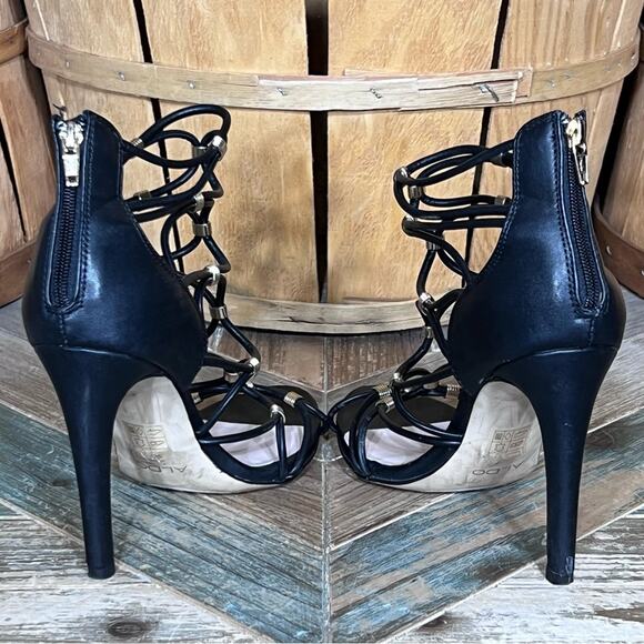 Aldo Peterbell Black Leather Gold Strappy Gladiator Open Toe Heels Womens 6.5 - Picture 10 of 14